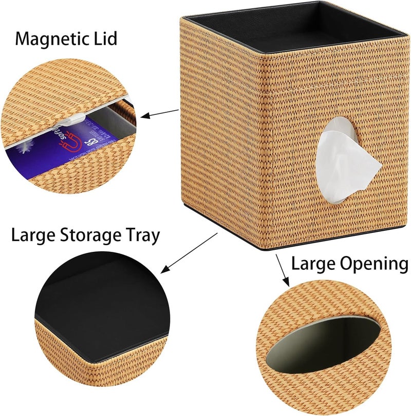 Cretkhp Tissue Box Cover, PU Leather Square Tissue Box Holder with Storage Tray for Bathroom Vanity Countertop Night Stands Bedroom Office Desk, Stylish Tissue Holder Decorative Organizer (Yellow Rattan) - Image 3